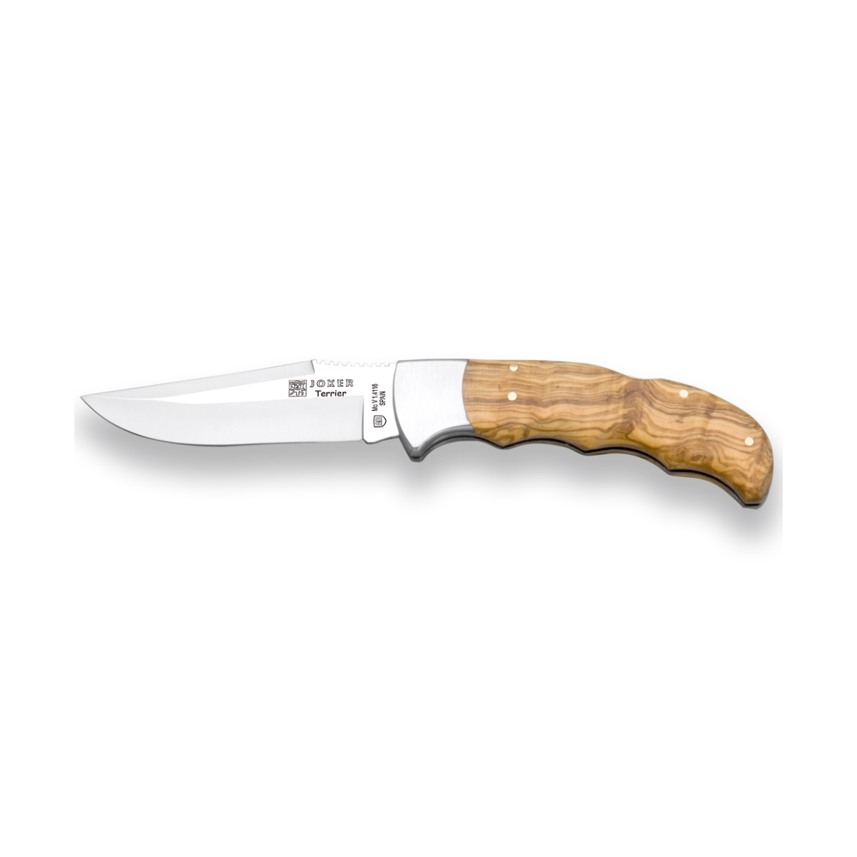 joker couteau de chasse au joker, avec colonne dentée, poignées en bois d'olivier, ferrule en acier inoxydable, feuille de 9 cm, 140 gr, no17 + carte-cadeau polyvalente