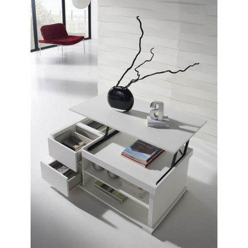 Tables à manger Table basse relevable blanc contemporaine FLORIANE-L 110 x P 60 x H 57 cm- Blanc