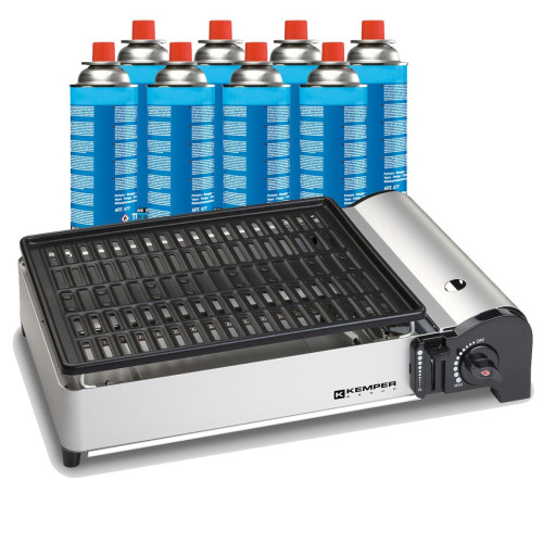 Kemper - Barbecue Grill gaz 1900W Kemper Grille anti adhesive + 8 Cartouches gaz camping - Barbecues gaz