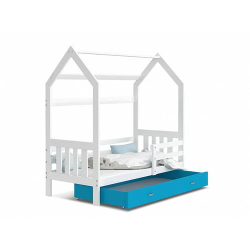 Kids Literie - Lit Cabane 2  80x160 Blanc - bleu Livré avec sommiers, tiroir et matelas en mousse de 7cm Kids Literie  - Chambre Enfant