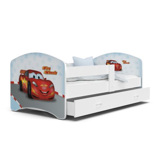 Kids Literie - Lit Enfant Happy 80x160 Cars Blanc Livré avec sommiers, tiroir et matelas en mousse de 7cm - Kids Literie