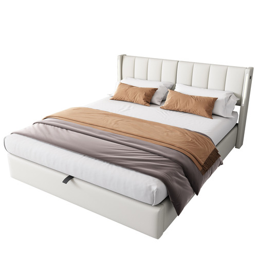 KOMHTOM - Lit softback blanc 160 x 200 cm, port USB rechargeable sur le lit avec éclairage LED et rangement, tête de lit réglable KOMHTOM  - Tête de lit avec rangement Cadres de lit