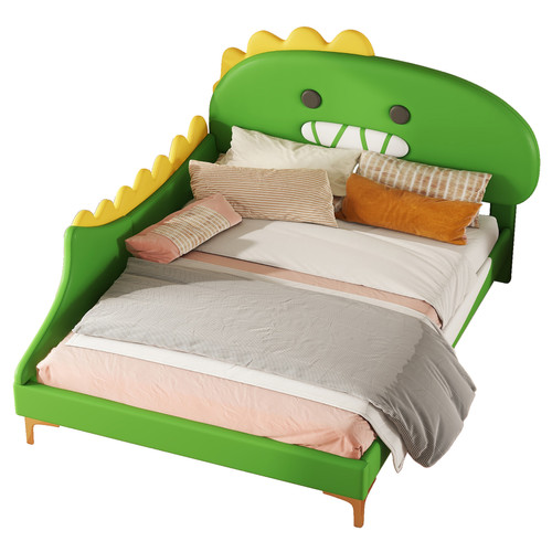 KOMHTOM - Vert 140 * 200cm lit plat pour les enfants, dessin animé dinosaure forme, pu matériel KOMHTOM  - Bonnes affaires Cadres de lit