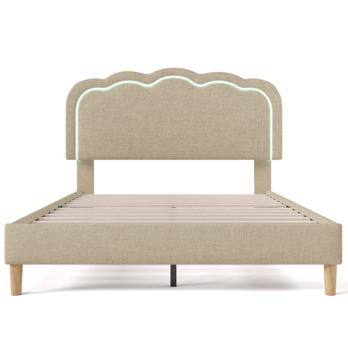 KOMHTOM - Lit rembourré beige lit double LED 140 x 200 cm, cadre de lit avec support à nouilles plat et tête de lit réglable KOMHTOM  - Bonnes affaires Cadres de lit