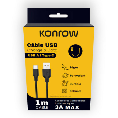 Konrow - Konrow KCATCNB1 - Câble USB Type A vers Type C - 1m - Nylon - Noir (Blister) Konrow  - Autres accessoires smartphone