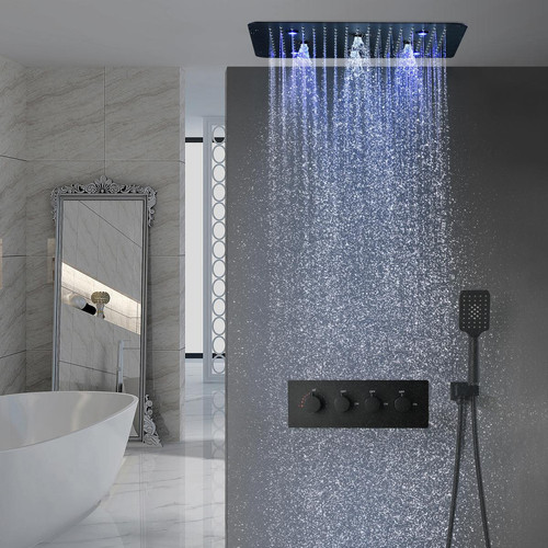 Kroos - Composition de douche thermostatique encastré plafond jet de pluie à led - Plomberie Salle de bain