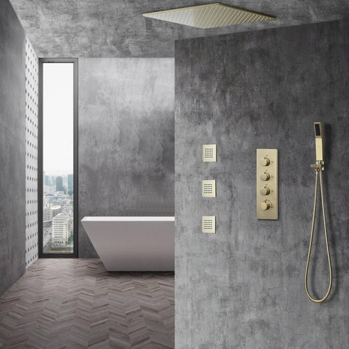 Kroos - Système de douche à effet pluie au plafond - Doré brossé - Plomberie Salle de bain