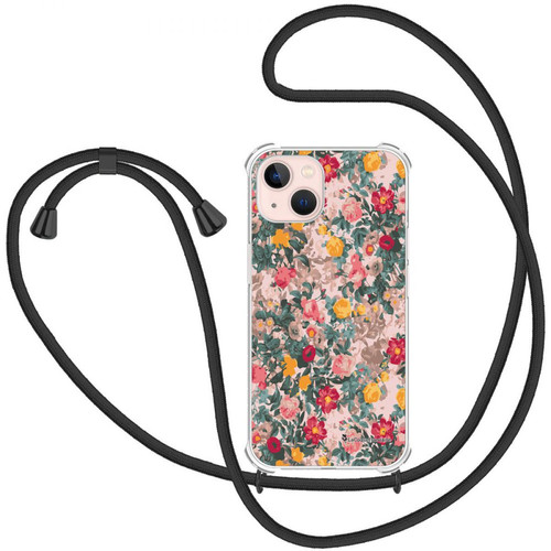 La Coque Francaise - Coque iPhone 13 coque avec cordon transparente Fleurs Beige et Rose - Coque, étui smartphone Silicone
