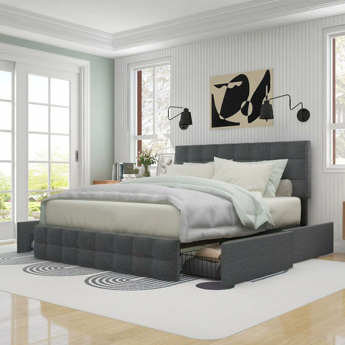 LBF - Lit rembourré avec 4 tiroirs, lit double avec sommier à lattes, 140 x 200 cm, avec tête de lit réglable en hauteur et design de couture carrée, en lin, pour adultes et adolescents, gris LBF  - Cadres de lit Gris