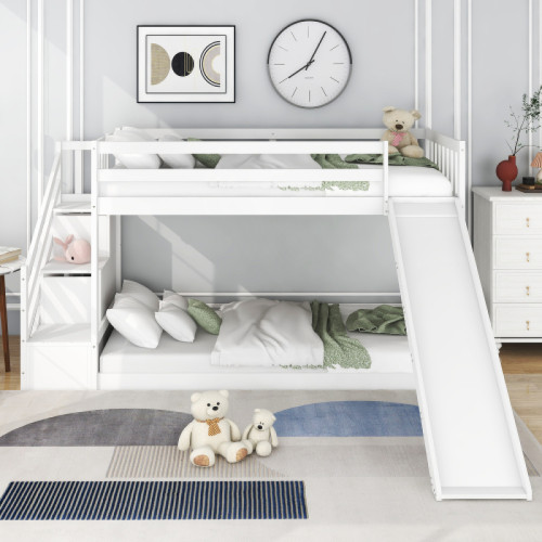 LBF - Lit superposé 90 x 200 cm avec escalier et toboggan, cadre en bois de pin massif, lit pour enfant avec 3 tiroirs dans l'escalier (blanc) LBF  - Chambre Enfant Blanc et bois