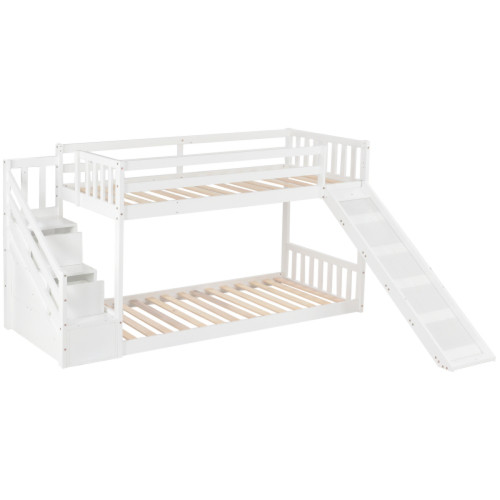 LBF Lit superposé 90 x 200 cm avec escalier et toboggan, cadre en bois de pin massif, lit pour enfant avec 3 tiroirs dans l'escalier (blanc)
