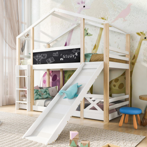 LBF Lit pour enfant avec toboggan et échelle, lits superposés 90 x 200 cm, lit mezzanine pour enfant – 2 sommiers à lattes – Naturel et blanc