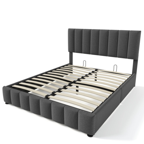 LBF Lit design avec coffre de lit, lit capitonné, sommier à lattes hydraulique, espace de rangement, pied en bois noir (gris, 140 x 200 cm)