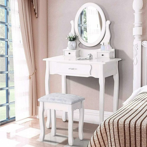 LBF - Coiffeuse avec grand miroir, coiffeuse avec 3 tiroirs, coin beauté, style contemporain, blanc LBF  - Chaise blanche pieds bois