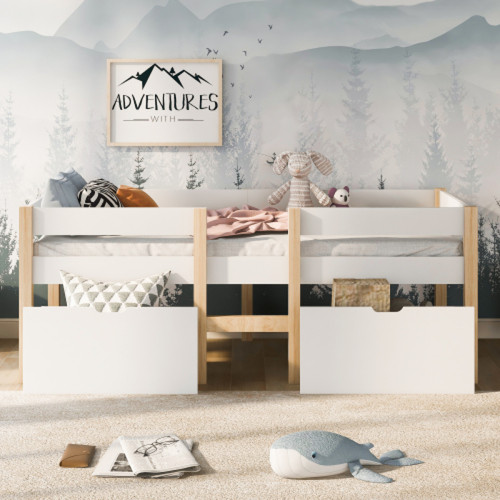 LBF - Lit pour chambre d'enfant, garçon, avec protection anti-chute, en bois de pin massif, avec 2 grands tiroirs, 90 x 200 cm, blanc et chêne LBF - Lit enfant Blanc+gris