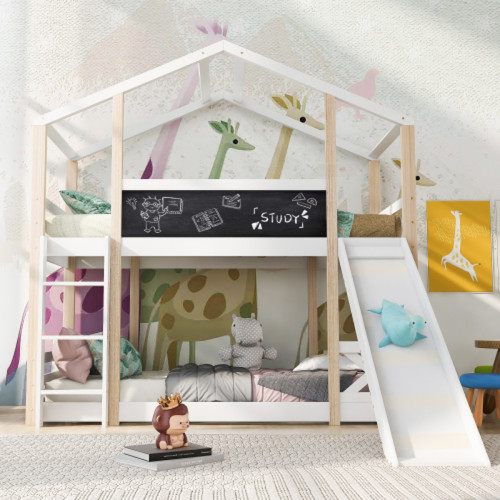 LBF - Lit pour enfant avec toboggan et échelle, lits superposés 90 x 200 cm, lit mezzanine pour enfant – 2 sommiers à lattes – Naturel et blanc LBF  - Chambre Enfant