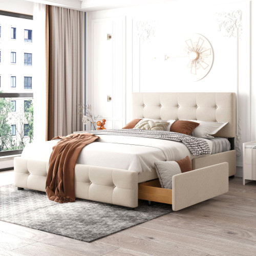 LBF - Lit capitonné 140 x 200 cm, lit simple/double avec 4 tiroirs, cadre de lit avec sommier à lattes et dossier, tête de lit réglable en hauteur, lit pour adolescent, lit d'invités, en velours (beige) LBF - Cadres de lit