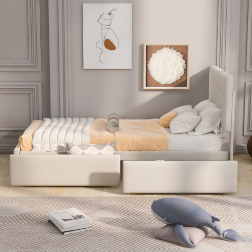 LBF Lit capitonné, 90 x 200 cm, avec 2 tiroirs, cadre de lit avec sommier à lattes et dossier, tête de lit réglable en hauteur, lit d'adolescent, lit d'invités, velours (beige)