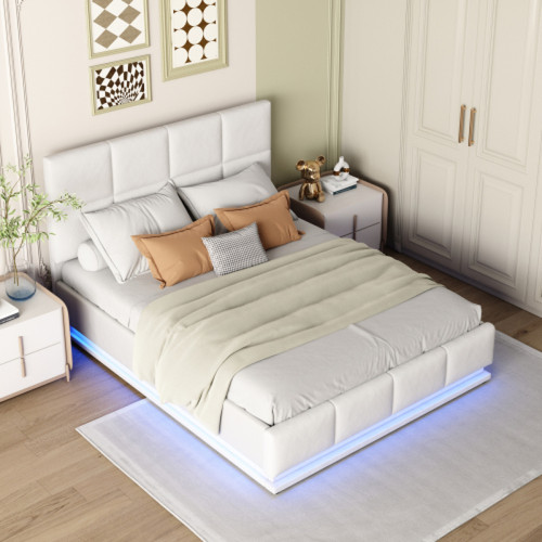 LBF - Lit rembourré en PU 140x200 cm avec éclairage LED et Coffre de lit à relevage hydraulique, sommier à Lattes pour lit Double, Blanc (Matelas Non Inclus) LBF - Cadres de lit