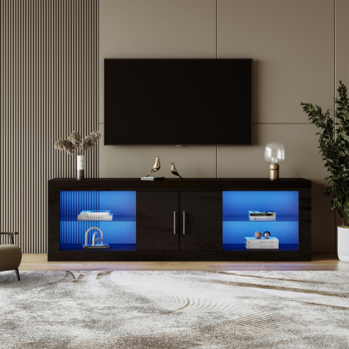LBF - Meuble TV noir moderne pour téléviseurs 60" ; LED 16 couleurs, contrôle Bluetooth ; portes d'armoire brillantes, étagères réglables, charnières silencieuses, armoire de rangement élégante. LBF  - Led pour etagere