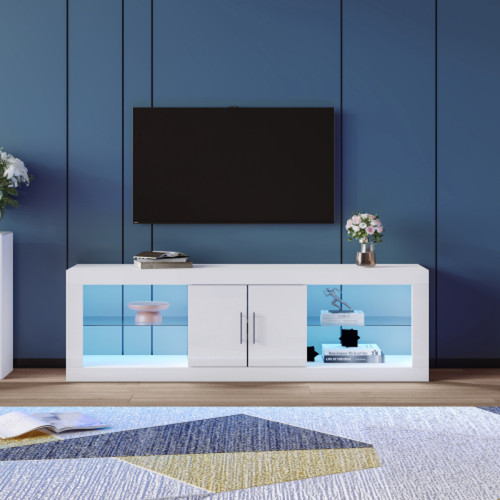 LBF - Meuble TV blanc moderne pour téléviseurs 60" ; LED 16 couleurs, commande Bluetooth ; portes d'armoire brillantes, étagères réglables, charnières silencieuses, armoire de rangement élégante. LBF  - Led pour etagere