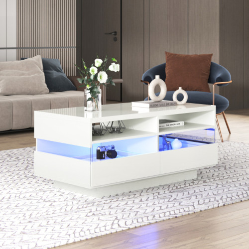 LBF - Table basse LED noire brillante avec deux tiroirs et deux compartiments de rangement ouverts, table basse pour salon, chambre à coucher  110 L x 55 B x 48,5H(cm) LBF  - Ensemble meuble tv table basse