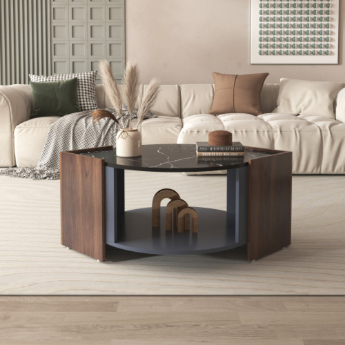 LBF - Table basse, table basse texturée en marbre et noyer aux couleurs contrastantes.Table de salon aux lignes uniques (noir et bois) LBF  - Table basse noyer