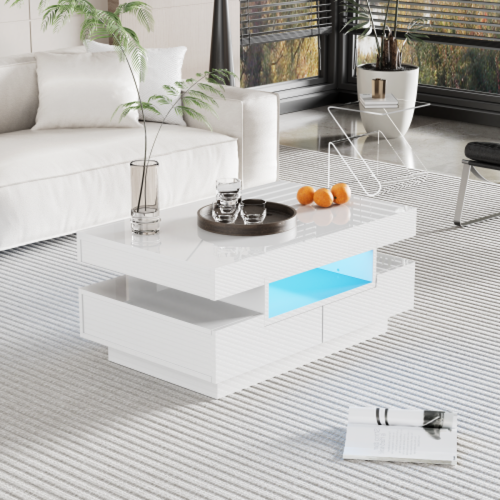 LBF - Table basse LED Blanc brillante avec deux tiroirs et deux compartiments de rangement ouverts, table basse pour salon, chambre à coucher 80*50*36cm LBF  - Table basse avec tiroir