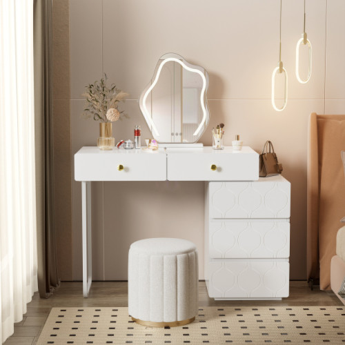 LBF - Coiffeuse, 5 tiroirs, sans miroir ni tabouret, meuble et pieds interchangeables gauche et droite, 90x 40 x 73,5 cm, motif vagues, style minimaliste, commode, blanc LBF  - Coiffeuse meubles