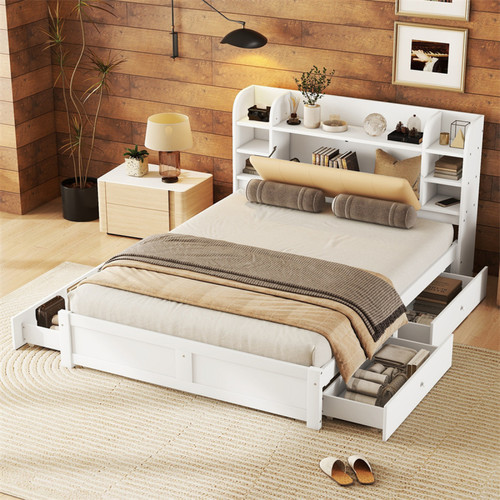 LBF - Lit double 160x200cm, avec 4 tiroirs, sommier à lattes, et tête de lit avec plusieurs rangements, blanc LBF  - Cadres de lit