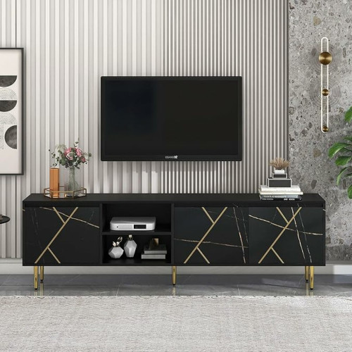 LBF - Meuble TV moderne, meuble TV bas pour téléviseurs jusqu'à 90 pouces, table TV noir et or, banc TV, étagère TV avec 3 portes, grand meuble TV, meuble bas, pour salon et chambre à coucher, 200 x 35 x 60 cm LBF - Meubles TV, Hi-Fi