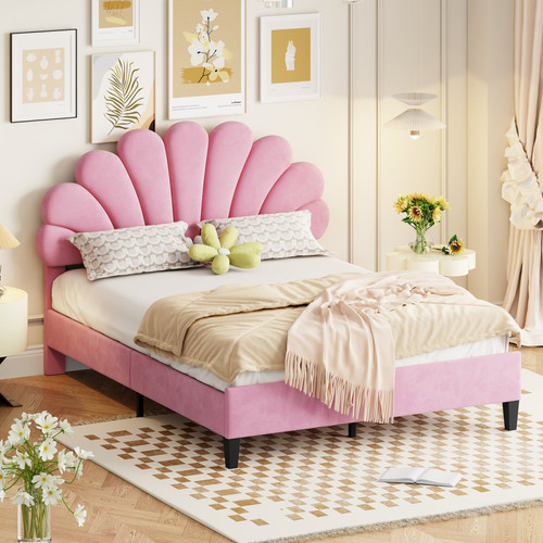 LBF - Lit double capitonné 140x200cm - Tête de lit en forme de fleur, Sommier à lattes en MDF, Tissu en velours Style scandinave - Rose LBF  - Cadres de lit