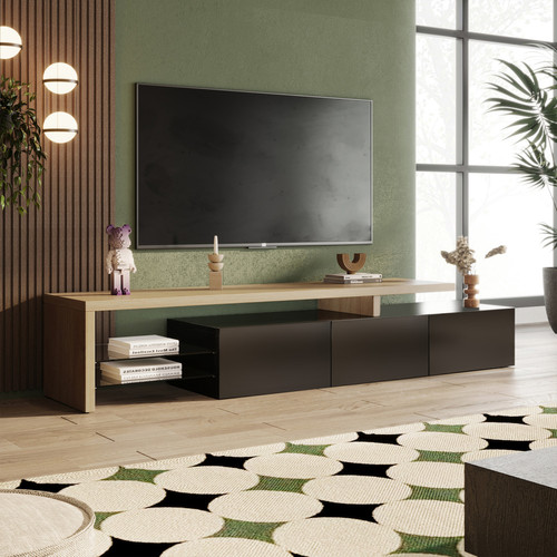 LBF Design d'armoire TV Moderne: élégant et élégant, Rangement Pratique, Noir Brillant, Aspect Bois, Sol en Verre, éclairage LED