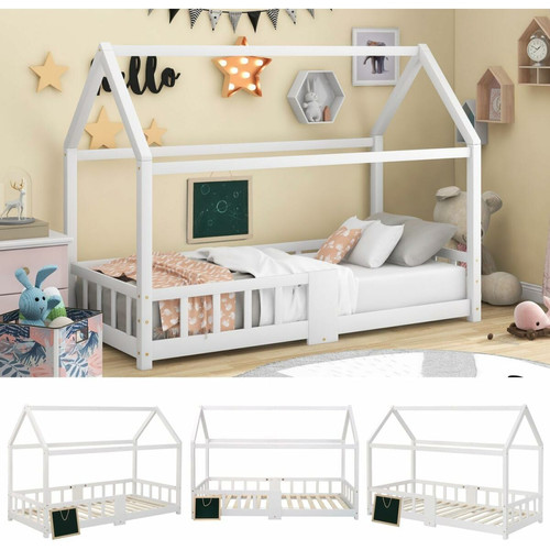 Lit enfant Lit de maison, 90 x 200 cm, avec panneaux, sommier à lattes robuste, cadre de lit pour enfants, lit en bois pour enfants (sans matelas), Blanc