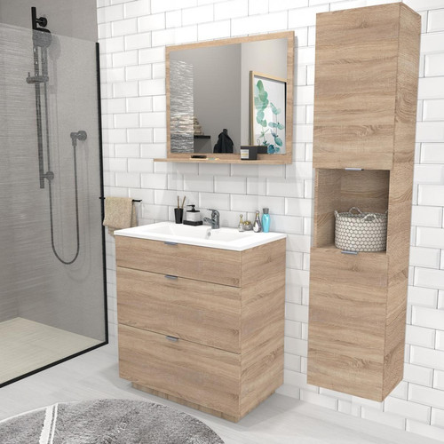 Le Quai Des Affaires - Meuble sous-vasque MARBELLA 80 cm + vasque + miroir + colonne / Chêne blanchi - Salle de bain, toilettes