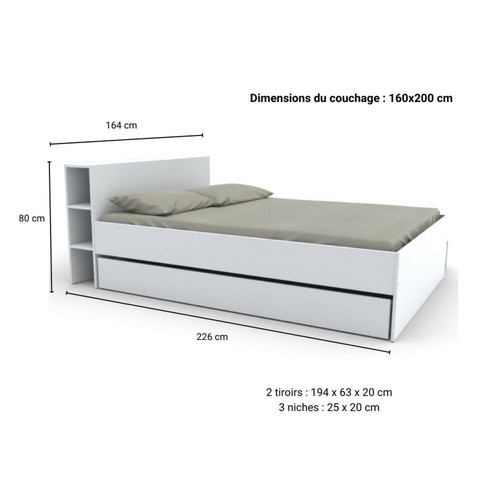 Le Quai Des Affaires Lit RIGA 160x200cm + tête de lit + 2 tiroirs / Blanc