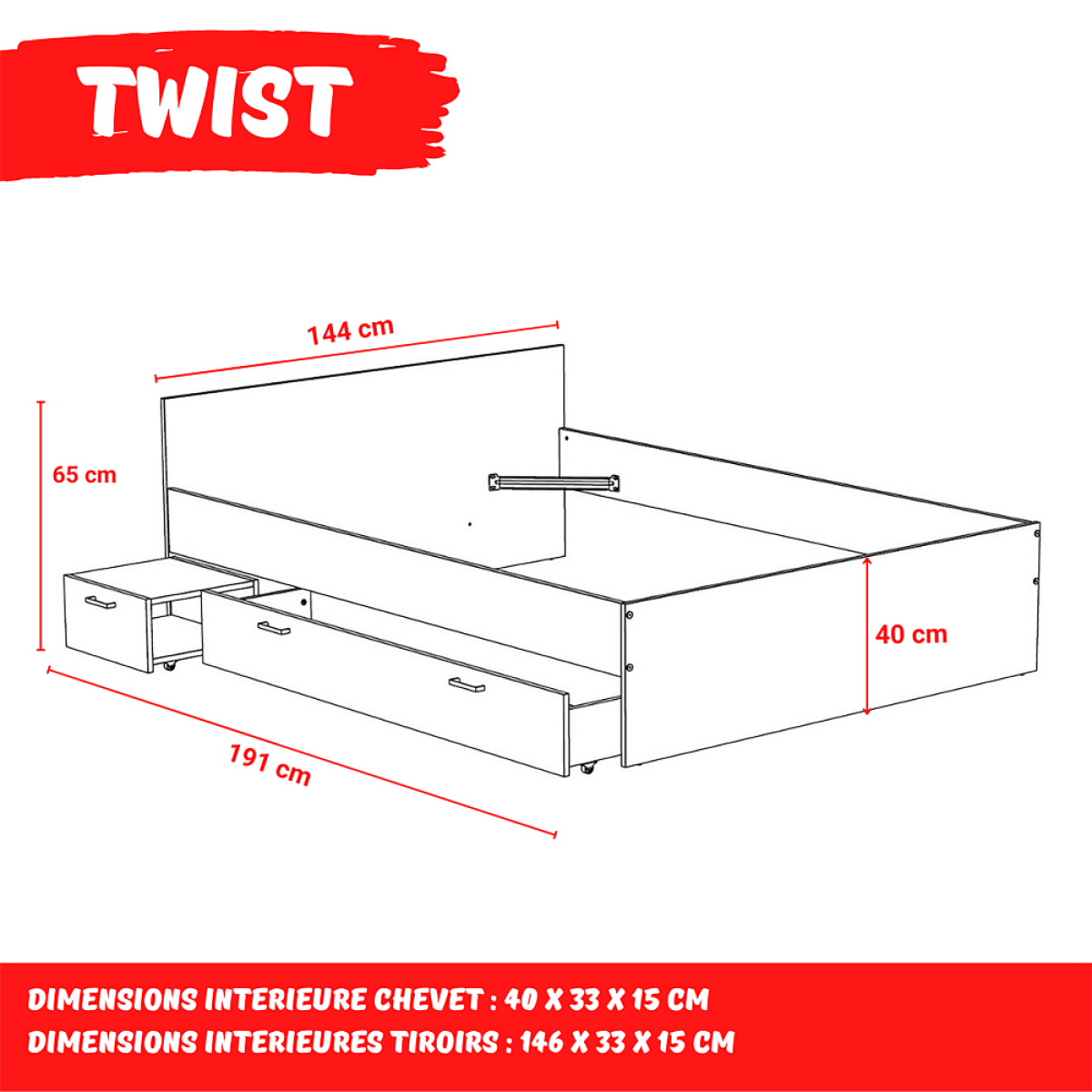 Ensembles de literie Lit TWIST 140x190 +  1 chevet + 1 tiroir / Blanc