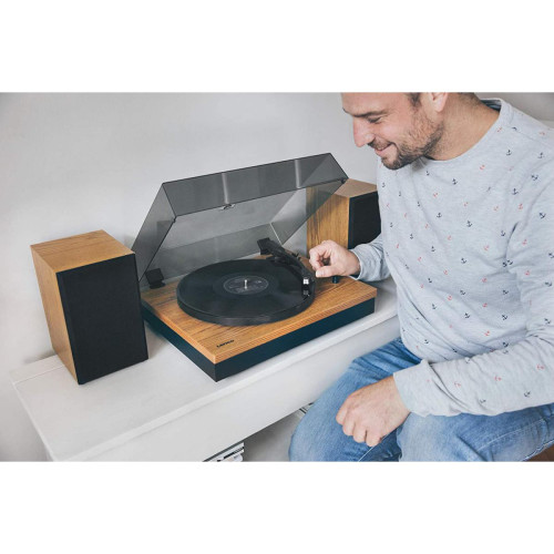 Lenco - Platine Vinyle tourne disque 33,45 tr/min avec Bluetooth et 2 Haut-parleurs RMS 10W en bois noir - Platine Pack reprise