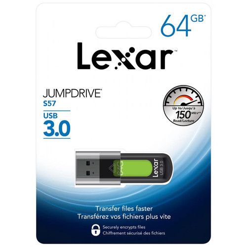 Lexar - Clé USB 64GO JumpDrive S57 Lexar 3.0 capuchon rétractable noir et vert - Lexar