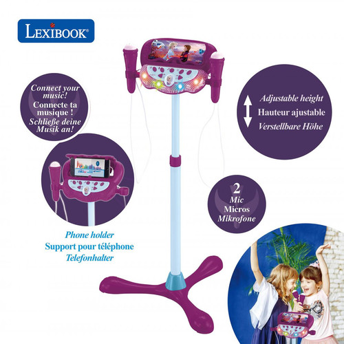 lexibook - Microphone Reine des Neiges sur pied ajustable lumineux avec enceinte, 2 Micros et Effets vocaux - Microphones