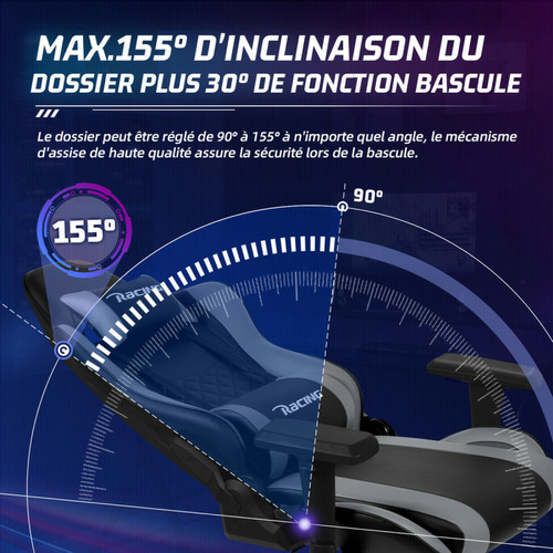 Lexzurn Chaise Gaming Résistant à 150kg, Fauteuil Gaming Inclinable 155°Châssis de l'Assise en Métal Revêtement Similicuir Réglages Ergonomiques Complets Gris et Noir