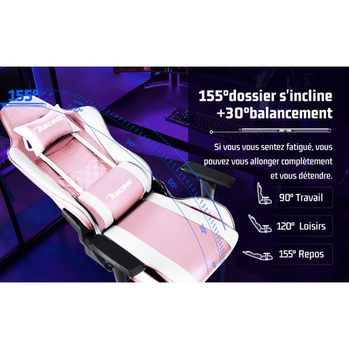 Lexzurn Chaise Gaming Inclinable 155° Accoudoirs et Hauteur Réglables Fauteuil Gaming Ergonomique Blanc et rose
