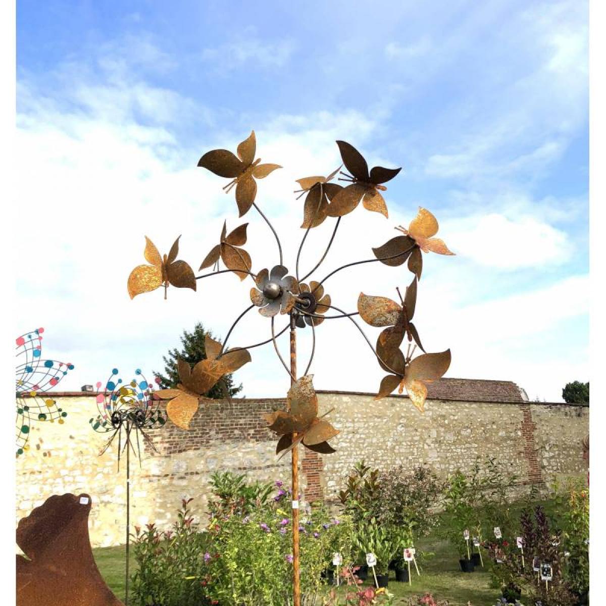 Eolienne Papillons Féérique sur Tige Moulin à Vent Décoration Animée de  Jardin en Acier Oxydé 25x50x200cm