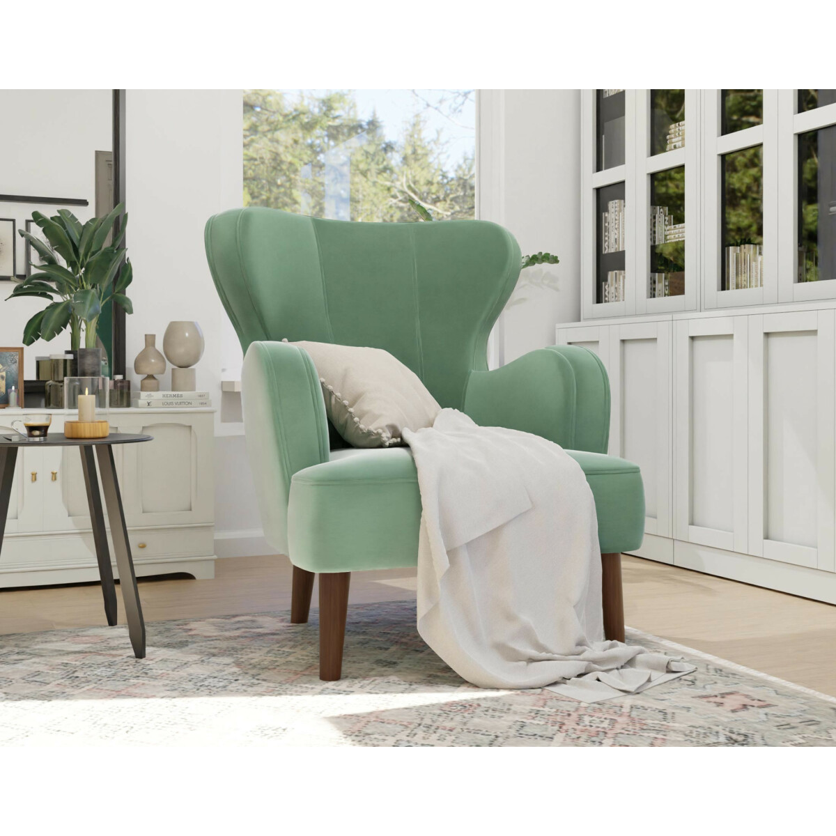 lisa design jaudy - fauteuil - en velours - pieds en bois  vert