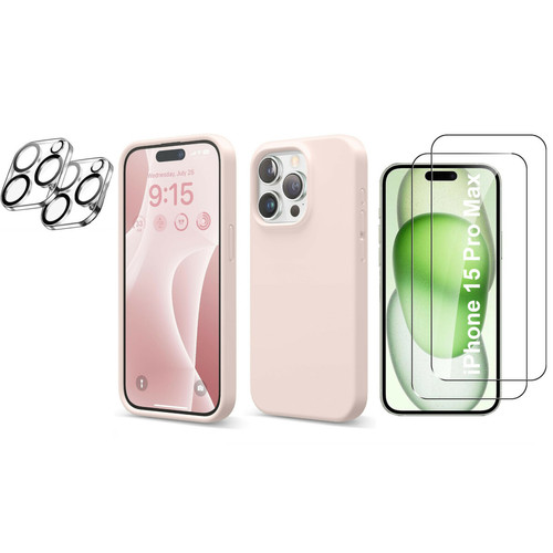 Little Boutik - Coque Silicone Rose + Verres Trempes et Protections Camera Arriere X2 Pour iPhone 15 Pro Max Little Boutik® Little Boutik  - Accessoires et consommables