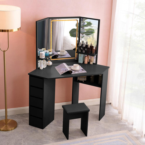 LLB LIVING LIFE BED - Table De Maquillage D’angle Noir 3 Miroirs LED Commode Elettra Black - Coiffeuse