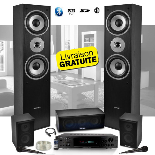 Ltc Audio - Ensemble 5 enceintes LTC Audio E1004 Noire / Home-Cinéma 850W + Ampli ATM8000 Karaoke 2 Micros - USB/BT/FM 4x75W +3 x20W Ltc Audio  - Ltc Audio