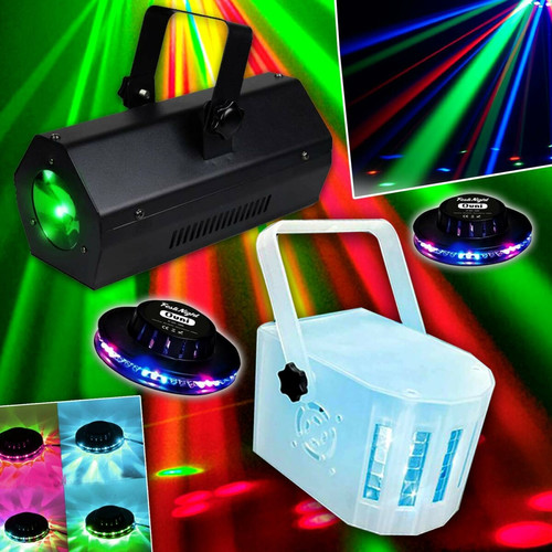 Lytor - PACK JEUX DE LUMIÈRE 4 EFFETS 2 OVNI UFO 48 LEDS + 1 DERBY RGB + 1 GOBO FLOWER Lytor  - Pack jeux de lumiere