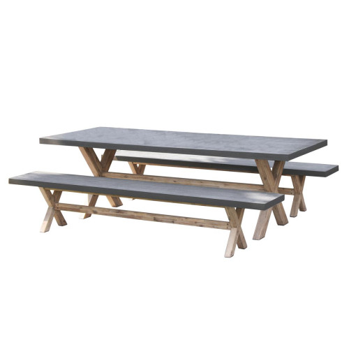 MACABANE - Ensemble Table de Jardin Table rectangulaire en fibre de Ciment et Acacia + 2 bancs - Tables de jardin