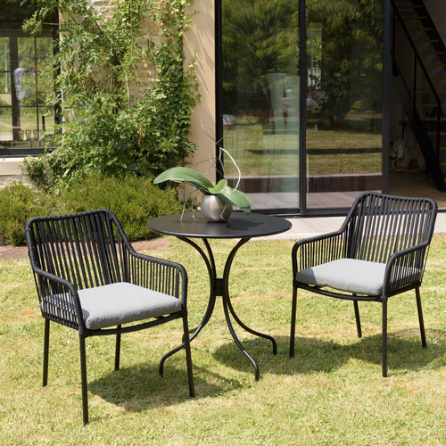 MACABANE - Lot de 2 fauteuils cordage noir coussin assise gris anthracite MALO MACABANE  - Ensembles canapés et fauteuils MACABANE